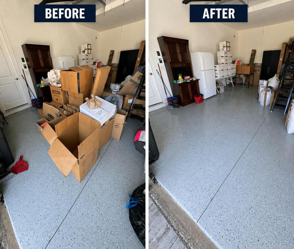 Garaje lleno de cajas antes y vacío después de una limpieza