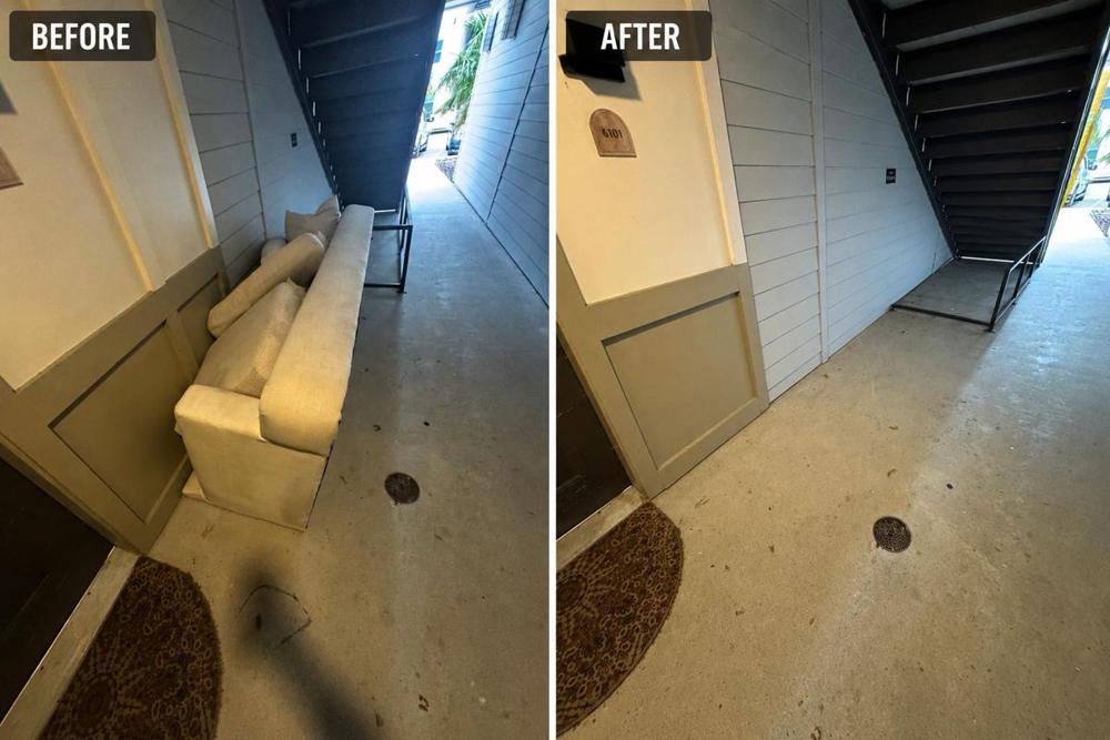 Hallway with an old couch before and empty after removal